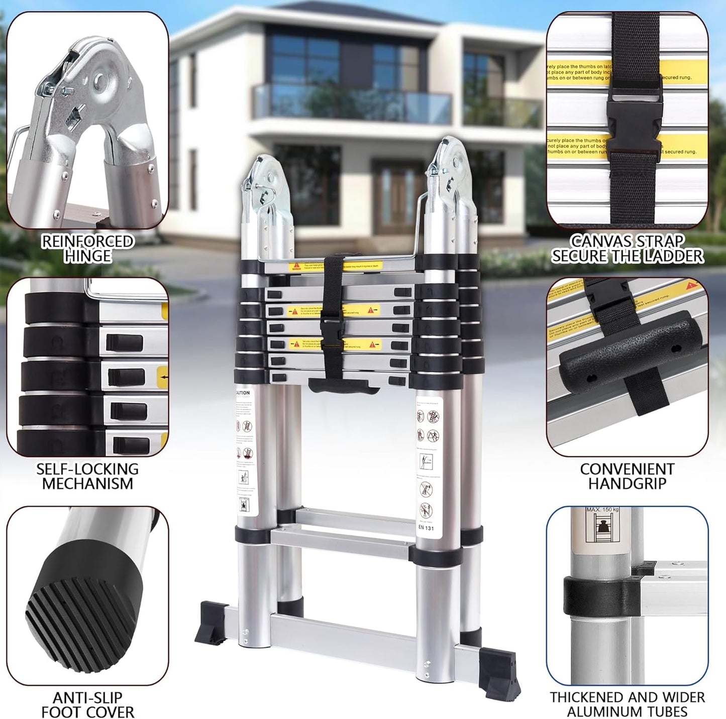 16.5 FT A-Frame Telescoping Ladder,8+8 Step Ladder,330LB Load Capacity,Portable Telescopic Folding Extension Ladder Heavy Duty Collapsible (5M(2.5m+2.5m)/16.5FT A Frame)