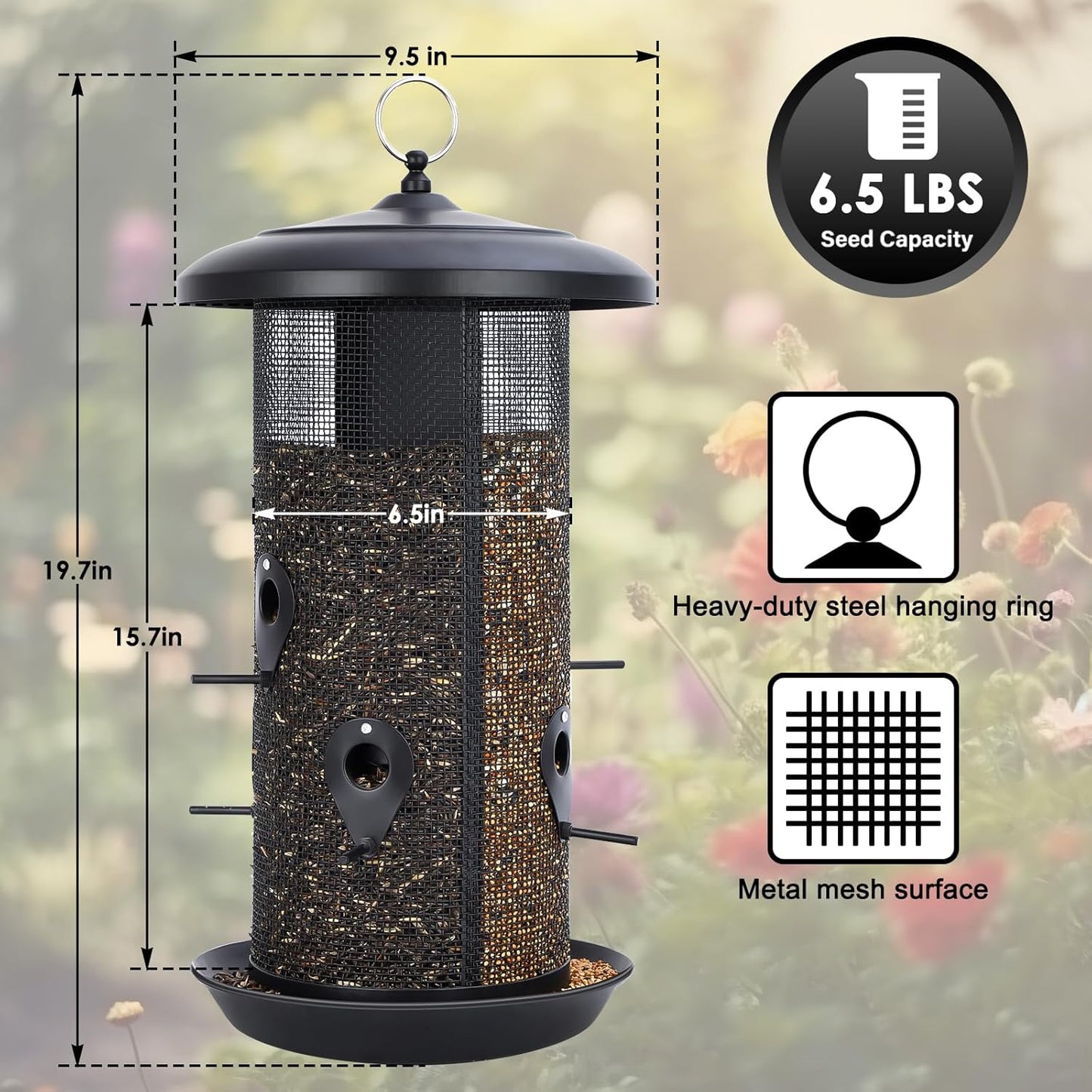 Gtongoko Hanging Bird Feeders for Outdoors 6.5 LB Large Capacity Squirrel Proof Metal Tube Bird Feeders for Thistle & Nyjer Seed Attracts Finch Cardinal,Titmice,Swallow Black