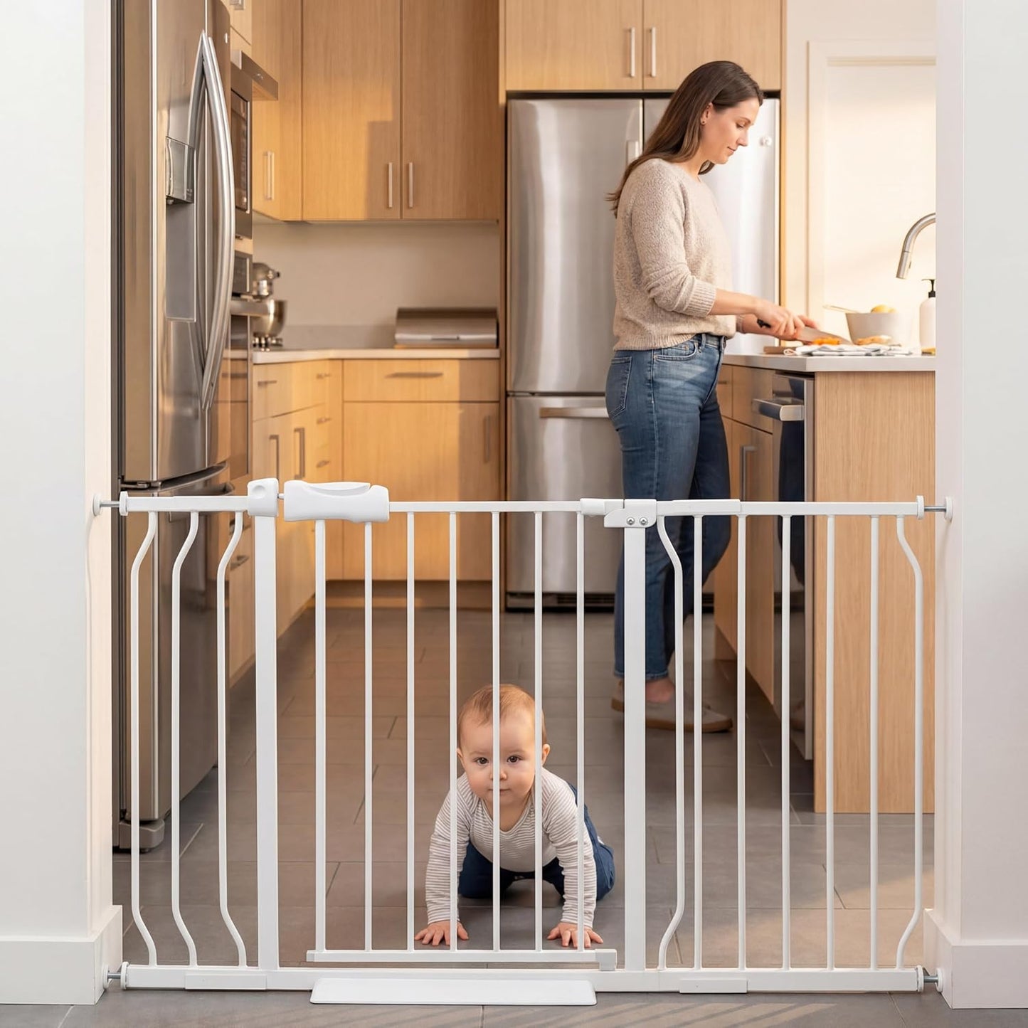 Extra Wide Baby Gate Tension Indoor Safety Gates White Metal Large Pressure Mounted Pet Gate Walk Through Long Safety Dog Gate for The House Doorways Stairs (48.03"-52.76"/122-134CM, White)