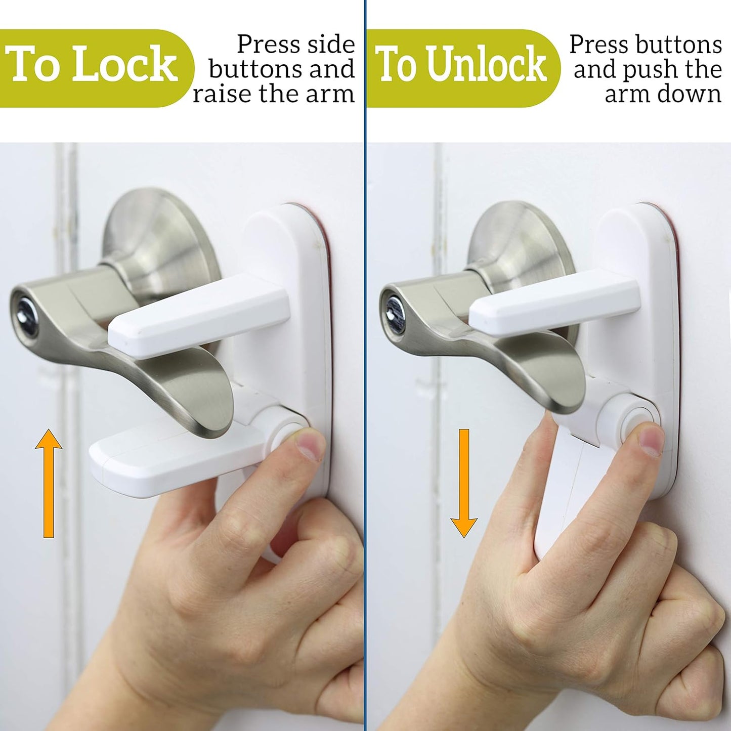 Door Lever Lock (3 Pack) Prevents Toddlers from Opening Doors. 3.25" L * 1.5" W * 4.5" H Easy One Hand Operation for Adults. Durable ABS with 3M Adhesive Backing. Simple Install, No Tools Needed.