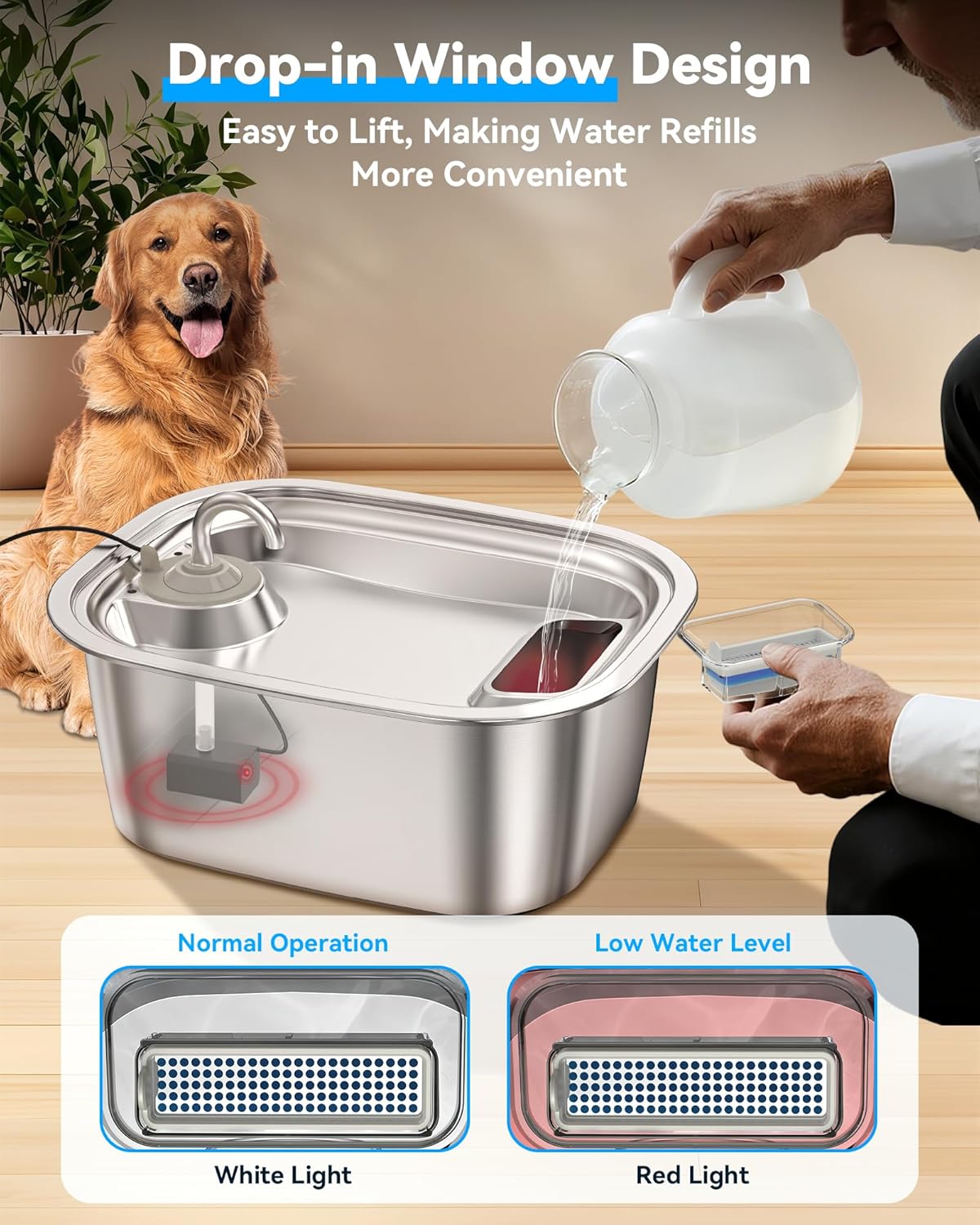 3 Gal Stainless Steel Dog Water Fountain for Large Dog, Pet Fountain Water Bowl Automatic Dispenser with Top Window & LED, Supet Quiet Pump for Multi Pet Home