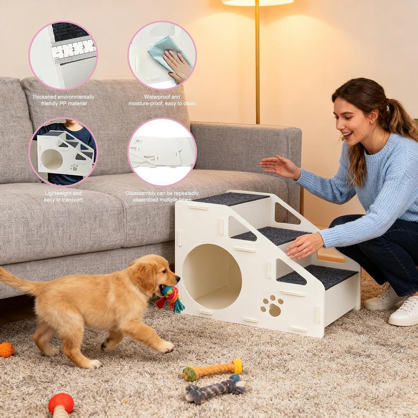 Dog Stairs, 2-in-1 Foldable Non-Slip Ramp, Small Puppy Ladder House for Home, Living Room, Indoor Bedroom, Cats, Kittens, Small Breeds, Play, High Bed