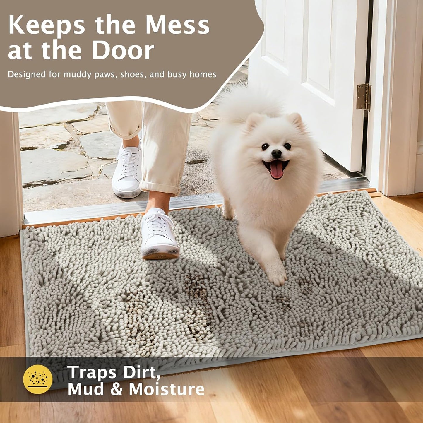 BVAGSS Dog Door Mat for Muddy Paws, Super Absorbent Entry Indoor Entryway Carpet, Quick Dry Chenille Mud Mat for Dogs, Machine Washable Non-Slip Pet Rug XH085 (Grey,19''x30'')