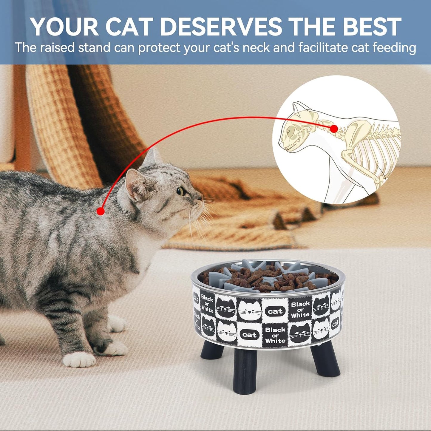 2PCS Elevated Cat Bowls with Slow Feeder, Wide Raised Stainless Steel Cat Dishes Plastic Stand Silicone Slow Food Dispenser, Whisker Friendly Pet Water Food Plates Feeding Station Indoor Cats, Kitten