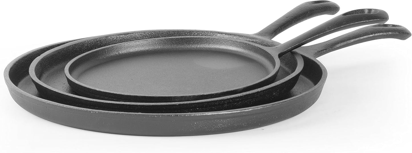 Commercial CHEF 3-Piece Cast Iron Griddle Set, Pre-Seasoned Cast Iron, Includes 8”, 10” & 12” Griddle Pans, Works on All Cooktops Including Induction, Outdoor Cookware for Campfires, CHCI81012