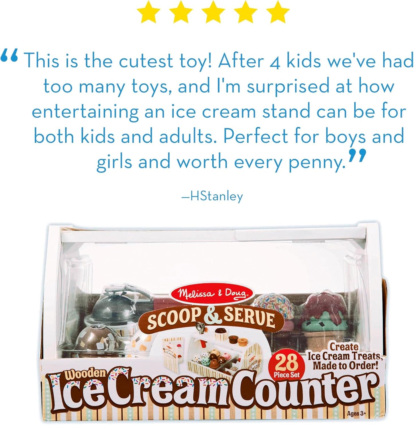 Melissa & Doug Wooden Scoop & Serve Ice Cream Counter, Pretend Play Store, 28 Toy Food & Play Kitchen Accessories, Preschool Toys for Girls & Boys 3+