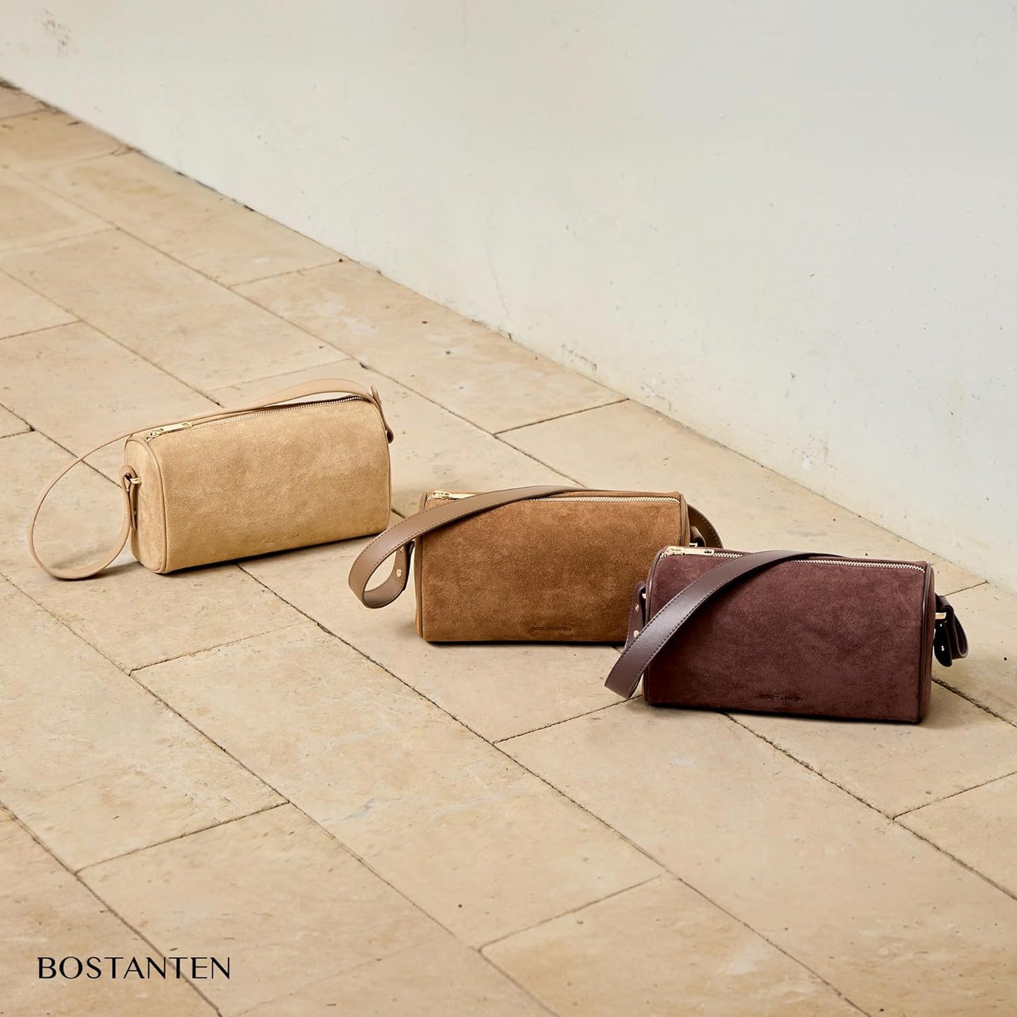 BOSTANTEN Crossbody Purses for Women Suede Leather Shoulder Purse Handbags Vintage Barrel Bag with 2 Adjustable Strap