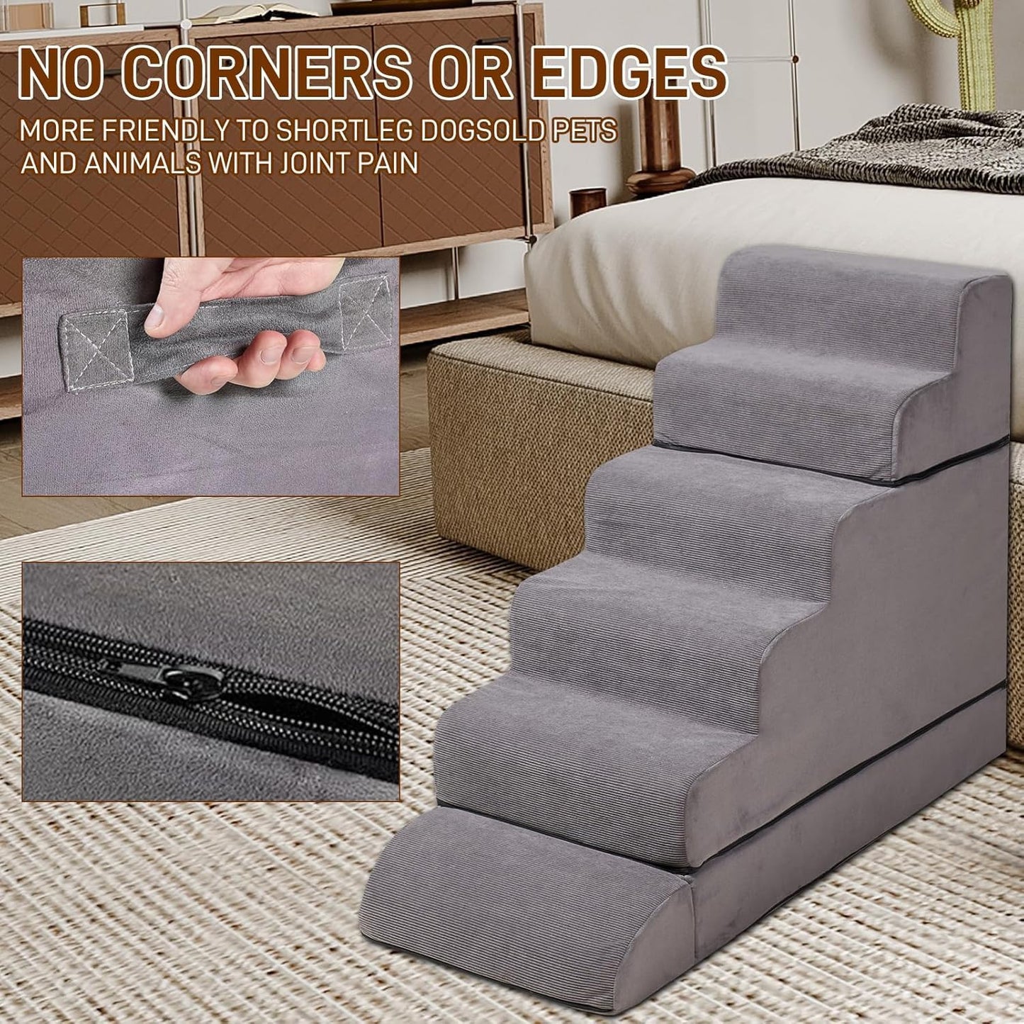 Dog Stairs for High Beds Up to 24-30"，Non-Slip 6 Steps Pet Stairs for Small Medium Dogs & Senior Cat，Washable Cover