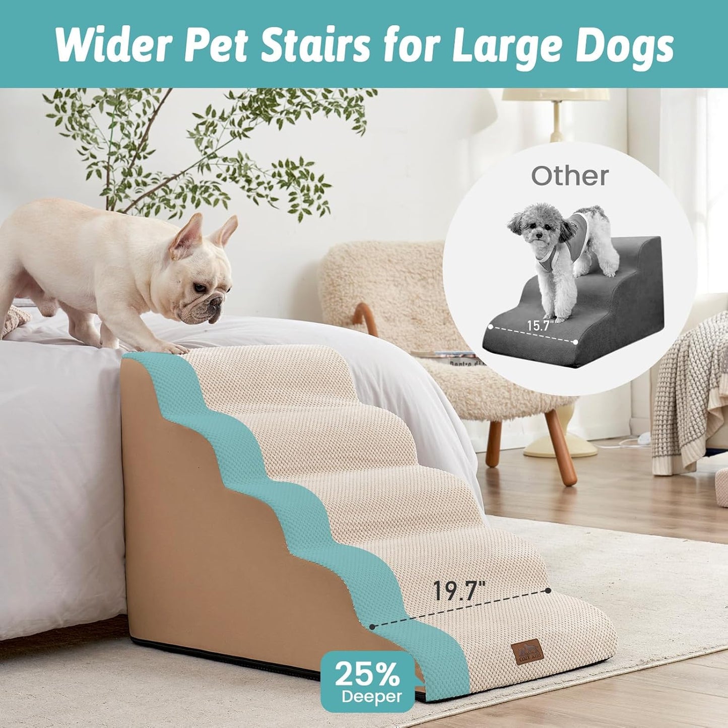 Wide Dog Stairs 19.7" Width, Pet Step for Small Medium/Large Dog, Puppy or Cat, Pet Ramp for High Bed or Car, High Density Foam Ladder, Stable, 5 Step, 19.7x33x22.4 in, Beige