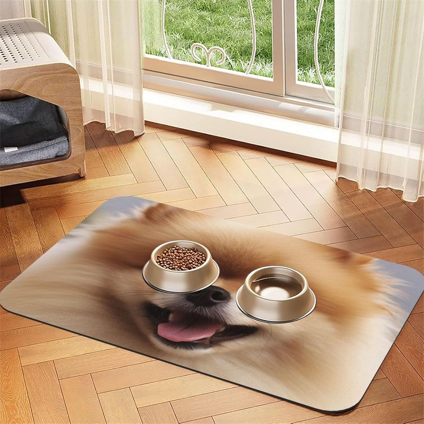 Cute Pomeranian Pet Feeding Mat 40x60cm Absorbent Leather Dog Cat Food Mats Non-Slip Dog Bowl Mats for Food and Water, Quick Dry Pets Placemats for Cats and Dogs Water Bowl