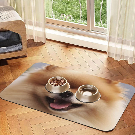 Cute Pomeranian Pet Feeding Mat 40x60cm Absorbent Leather Dog Cat Food Mats Non-Slip Dog Bowl Mats for Food and Water, Quick Dry Pets Placemats for Cats and Dogs Water Bowl