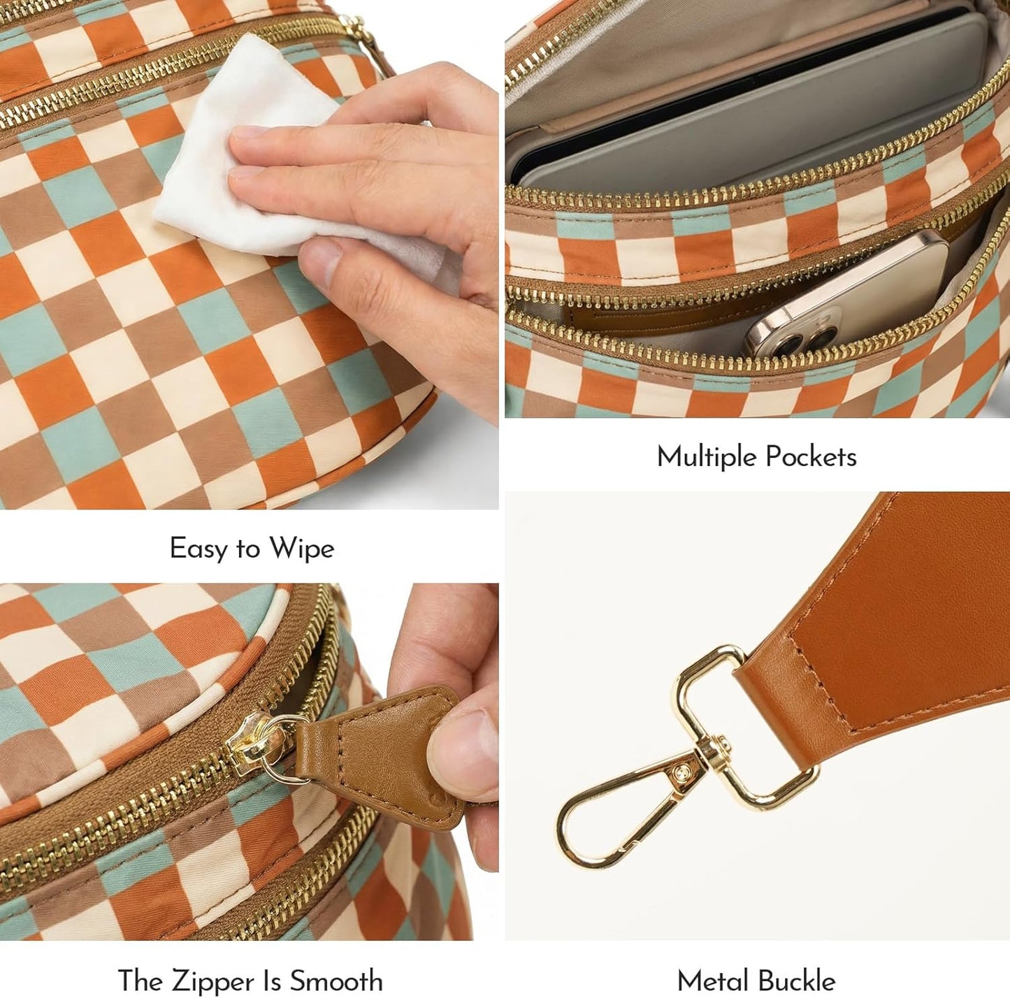 Checkered Crossbody Bag Nylon Bum Bags for Women Spacious Handbags Checkered Purse Fanny Packs with Shoulder Strap
