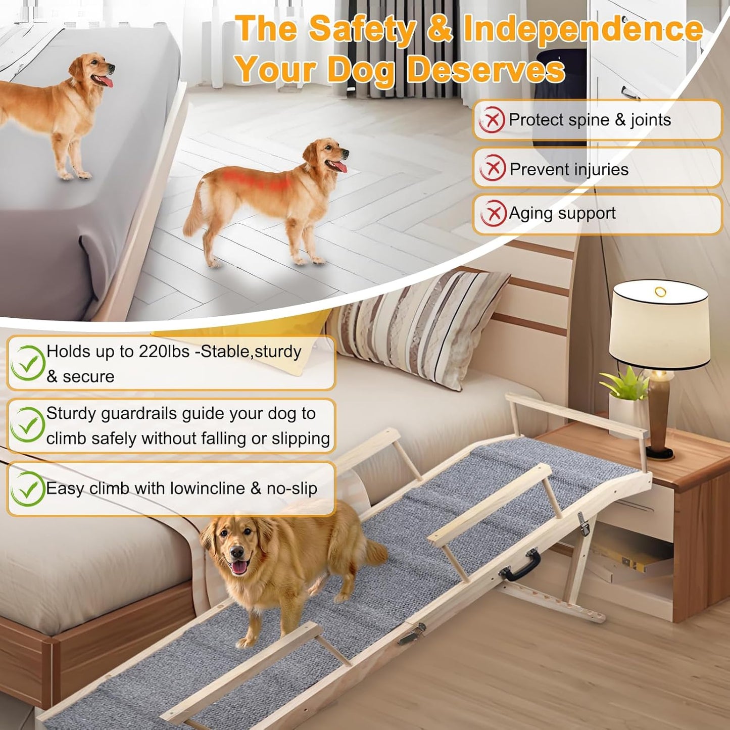 Dog Ramp for Bed, Couch & Car – Adjustable Foldable Pet Ramp, 64.17" Long, 17.72" Wide, Non-Slip Surface with Safety Rails, 8 Heights 20.08"-28.35", Supports 220 lbs, Solid Wood (Gray, 17.72)