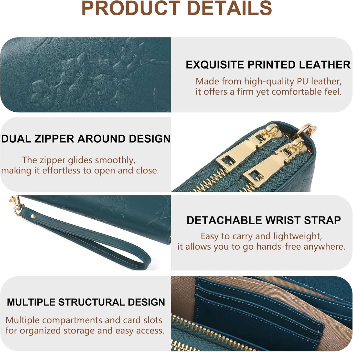Womens Wallet RFID Blocking Large Capacity Vegan Leather Double Zip Wristlet Wallet Card Holder Travel Ladies Clutch