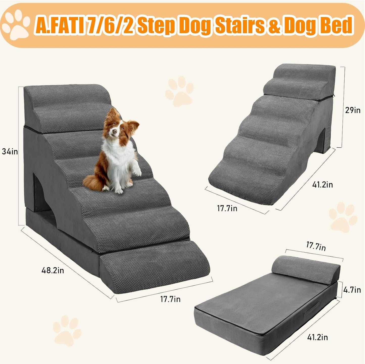 A.FATI 7 Tier Dog Stairs for High Beds, 34" H Non-Slip Foam Dog Steps, 30D Foam Doggie Ramp, 3 in 1 Pet Stair & Bed for Small/Elderly Dogs/Cats, Dark Gray