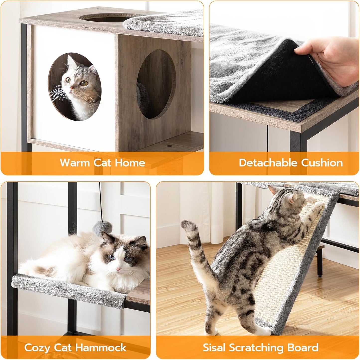 HOOBRO Wooden Cat Tree, Versatile Cat Tower with Scratching Post, Cat Hammock and Food Bowls, 4-Tier Pet House for Indoor Cats, Multi-Cat Families, Greige BG34MZ03