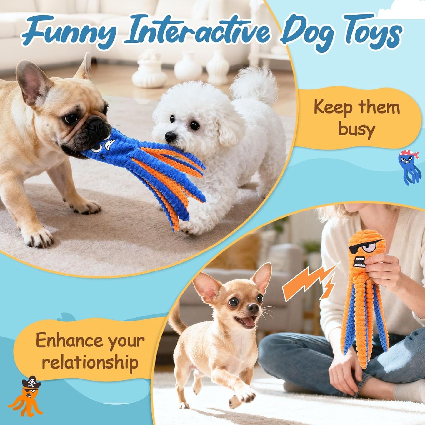 Zeaxuie Dog Toys for Aggressive Chewers, 2 Pack No Stuffing Dog Toys for Teething, Squeaky Chew Toy to Keep Them Busy for Small and Medium Breed, Crinkle Octopus