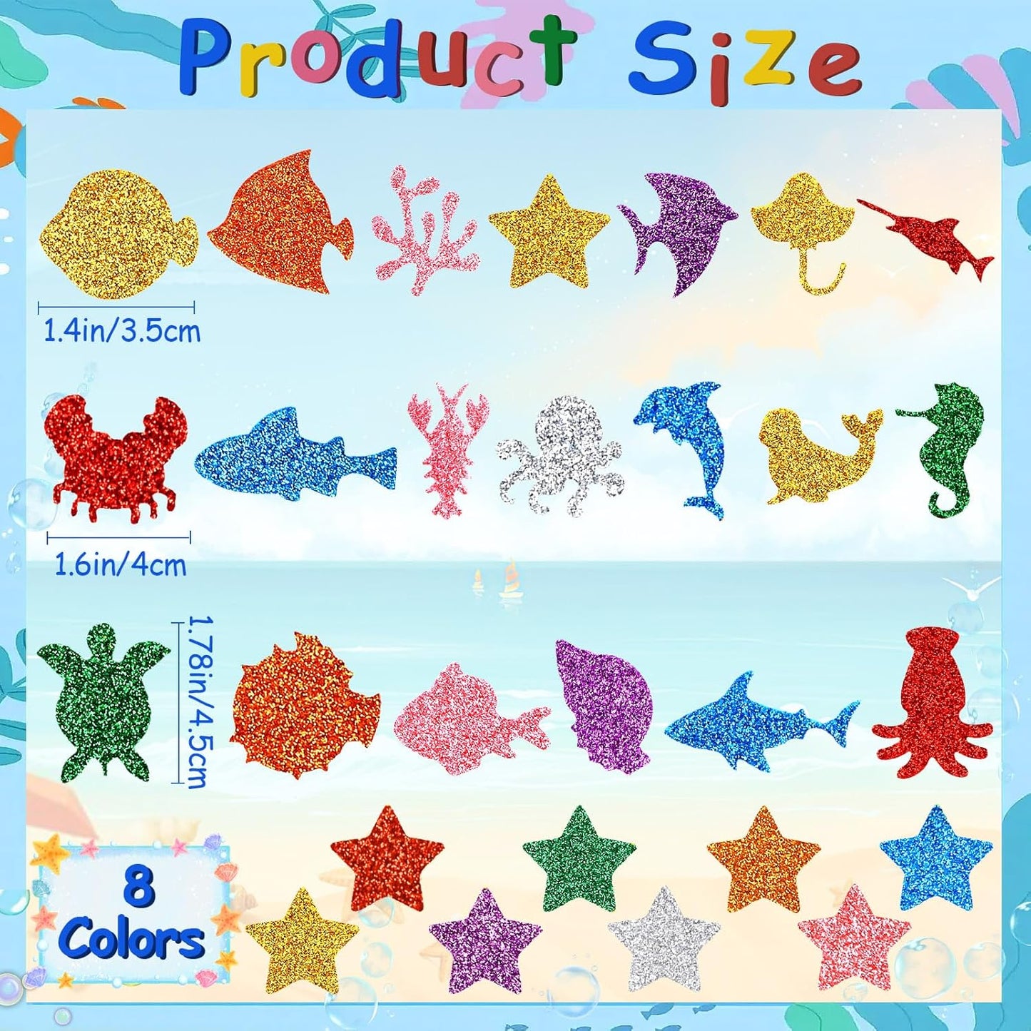 JULBEAR 300 Pieces Glitter Sea Animal Foam Stickers, Colorful Ocean Sea Fish Foam Stickers Bulk Self-Adhesive for Arts Crafts Ocean Theme Party Favors Decoration Home DIY Supplies