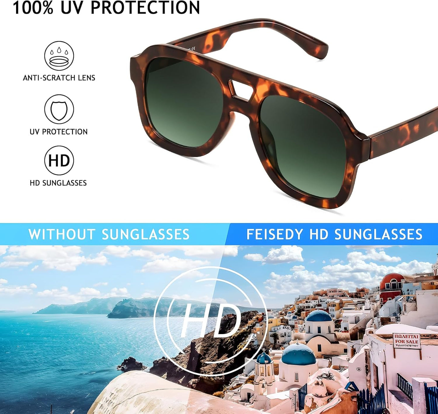FEISEDY Vintage Aviator Sunglasses Double Bridge Women Men Large Square Thick Frame Trendy Eyewear UV400 B2846