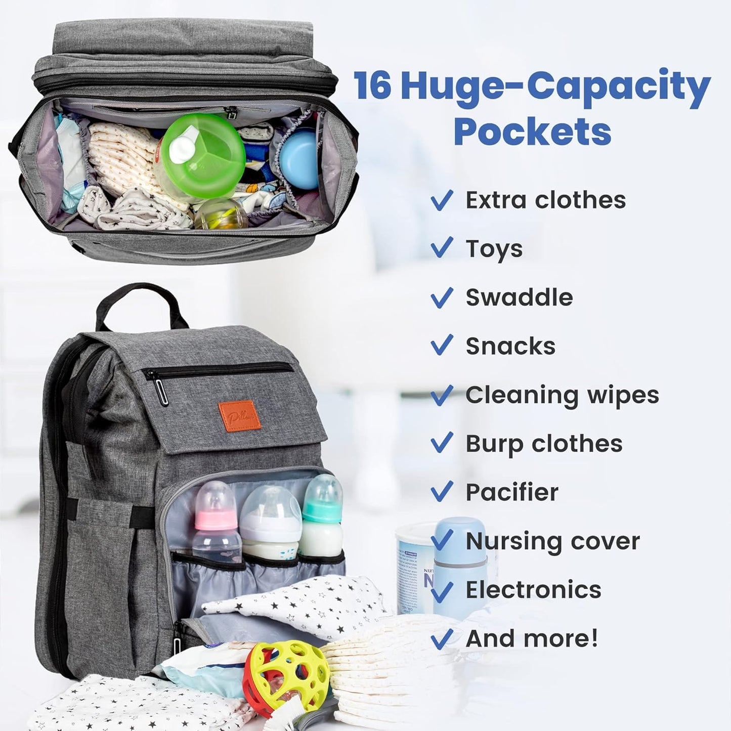 PILLANI Baby Diaper Bag Backpack - Baby Bags for Girls & Boys, Large Waterproof Diaper Backpack - Baby Shower Gifts & Registry Must Haves - Travel Diaper Bags with Changing Pad - Stuff for Newborn