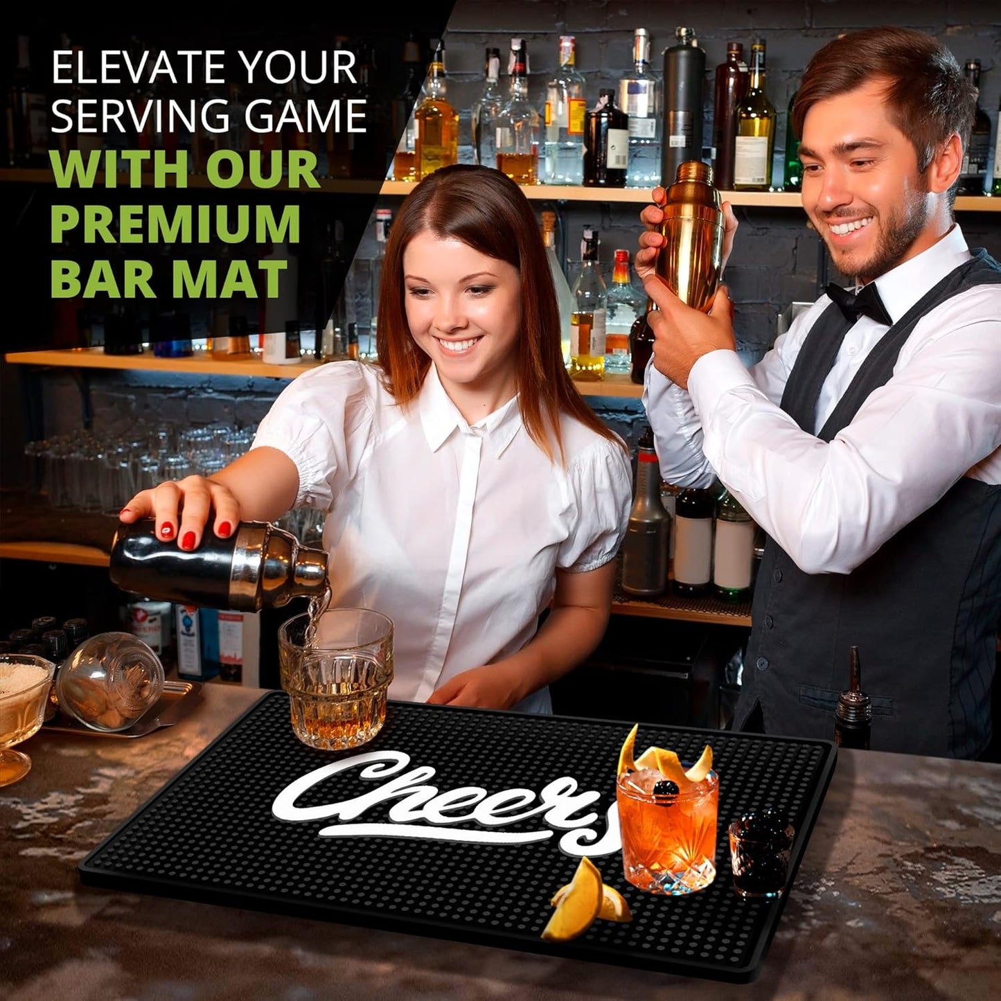 Cheers Bar Mat – Heavy Duty 18"x12" Rubber Bar Mats for Countertop, Non-Slip Bartender & Spill Mat for Home Bar, Cocktail Service & Bar Cart