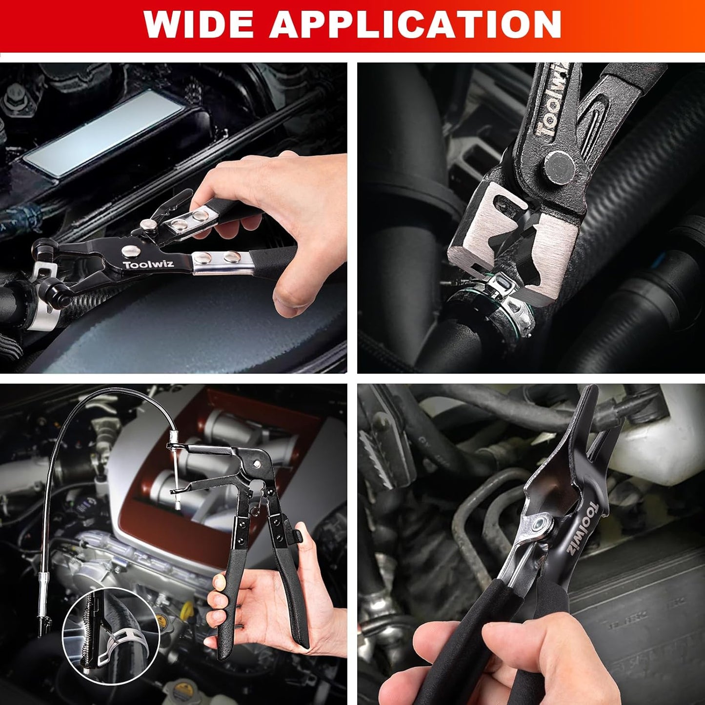 Toolwiz 4 Pcs Hose Clamp Pliers, Spring Coolant Radiator Hose Clamp Pliers Automotive Tools, Includes 27" Long Reach Wire Spring, Flat Band, Remover, Clic-R Type Hand Tools