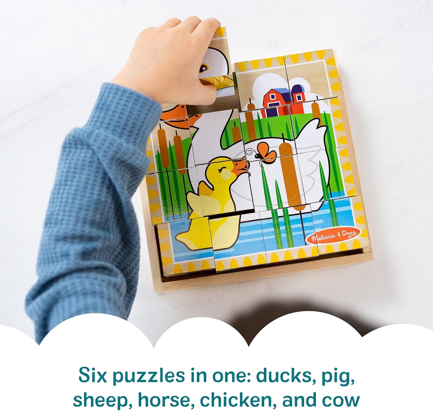 Melissa & Doug Farm Wooden Cube Puzzle with Storage Tray – 6-in-1 Animal Puzzle for Toddlers and Preschoolers – 16 Wooden Cubes – Farm Toy for Kids Ages 3+ - FSC Certified
