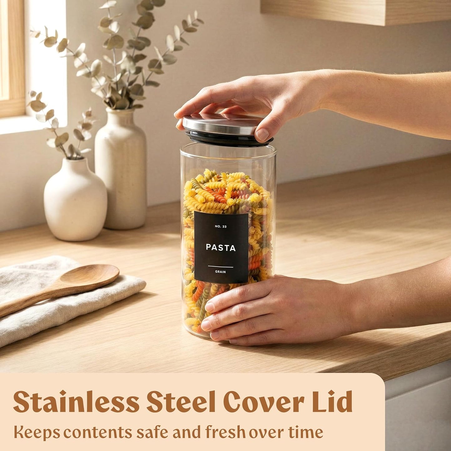 Glass Storage Containers with Stainless Steel Lids [Extra Thick Glas] with 54 Labels - Canister For Pantry Noodles Flour Cereal Rice Sugar Tea Coffee Beans - Round Set of 5x