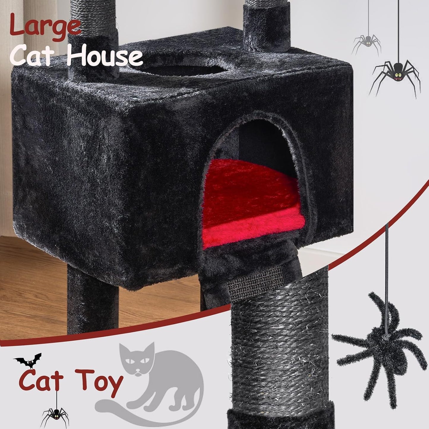 BEWISHOME 33.6in Cat Tree Tower for Indoor Gothic Cat Trees with Coffin Bed, Cat Condo Cat House with Scratching Posts, Cat Shelves with Spider Toy, Pet Play Activity Center Black with Red, MMJ95R