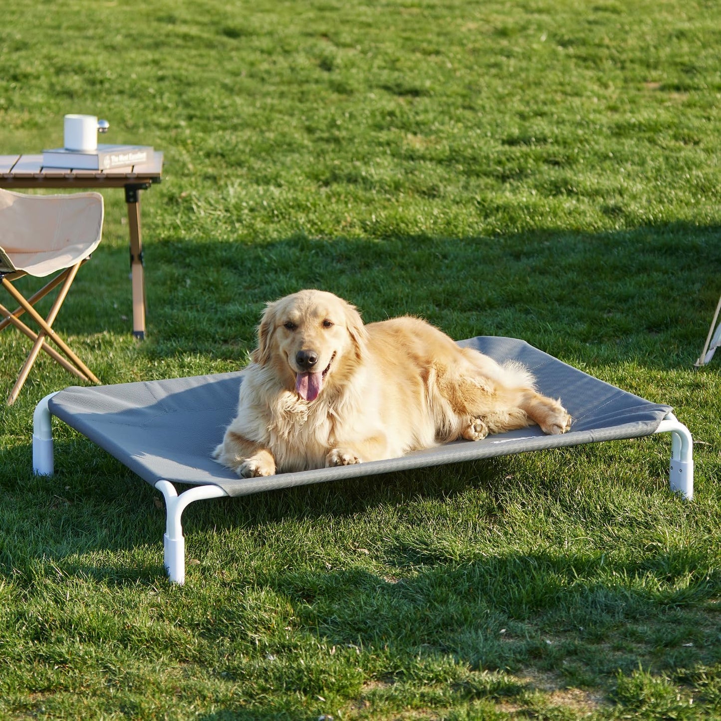 Elevated Dog Cot Bed Tool-Free Assembly - Outdoor Raised Dog Cooling Bed Frame for Large Pets, Summer Pet Hammock Off Ground with Non-Slip Feet & Waterproof Teslin Mesh, 43x30 Inch
