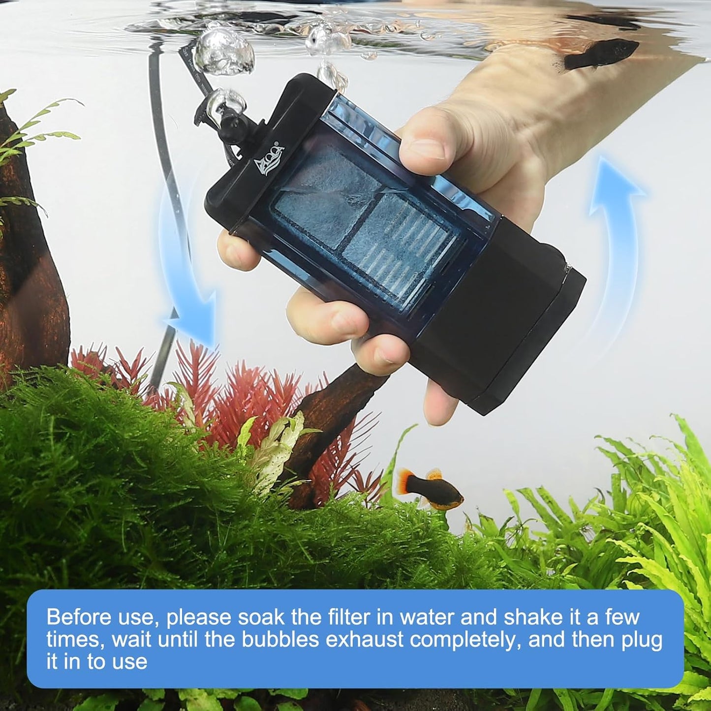 AQQA Internal Aquarium Filter - Submersible 20-40 Gallons Fish Tank Filters, Adjustable Wave Maker, Bottom Inlet Whisper Pump and Underwater Automatic Power Water Filter System for Freshwater (M)