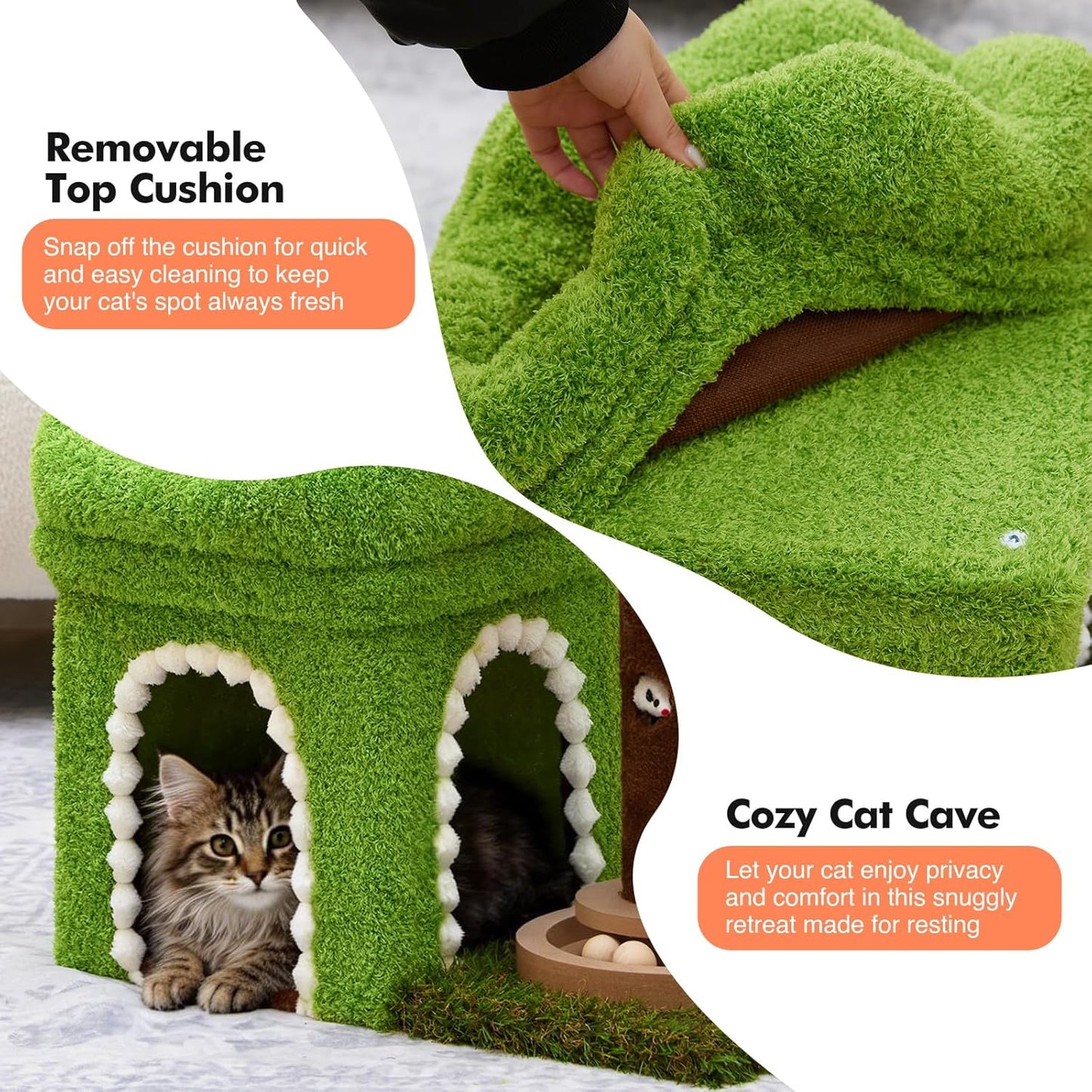 Small Cat Tree with Scratching Post and Ball Track, Green Cat Tower with Lifelike Leaves for Kittens and Small Cats, 2-Door Cat Condo and Interactive Cat Toys for Indoor Cats
