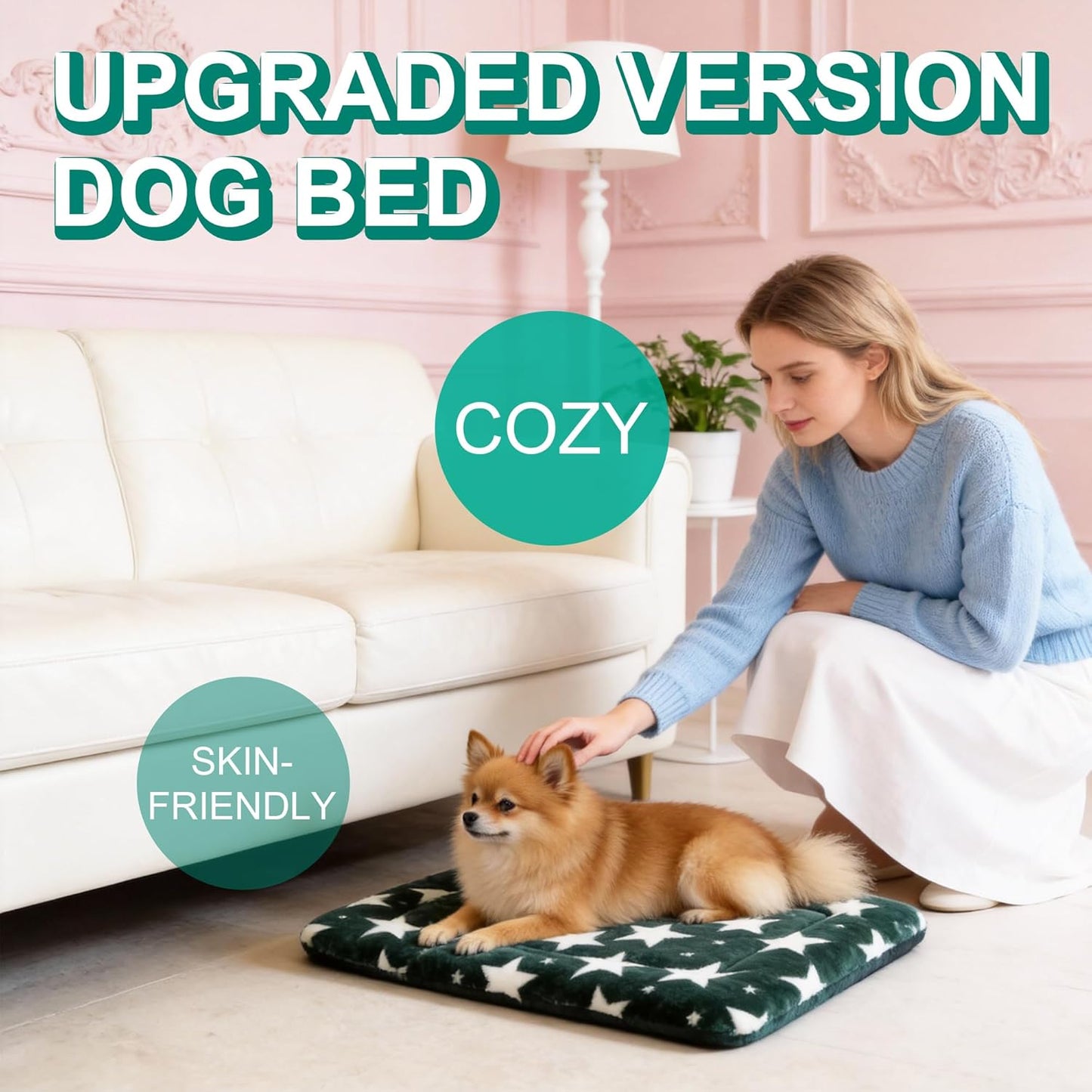 Washable Dog Bed Mat with Anti-Slip Bottom, Deluxe Plush Memory Foam Crate Pad & Waterproof Outdoor Kennel Mat for Dogs & Cats-Durable Crates Beds, Large Medium Small Puppy Size36 x 24",Green