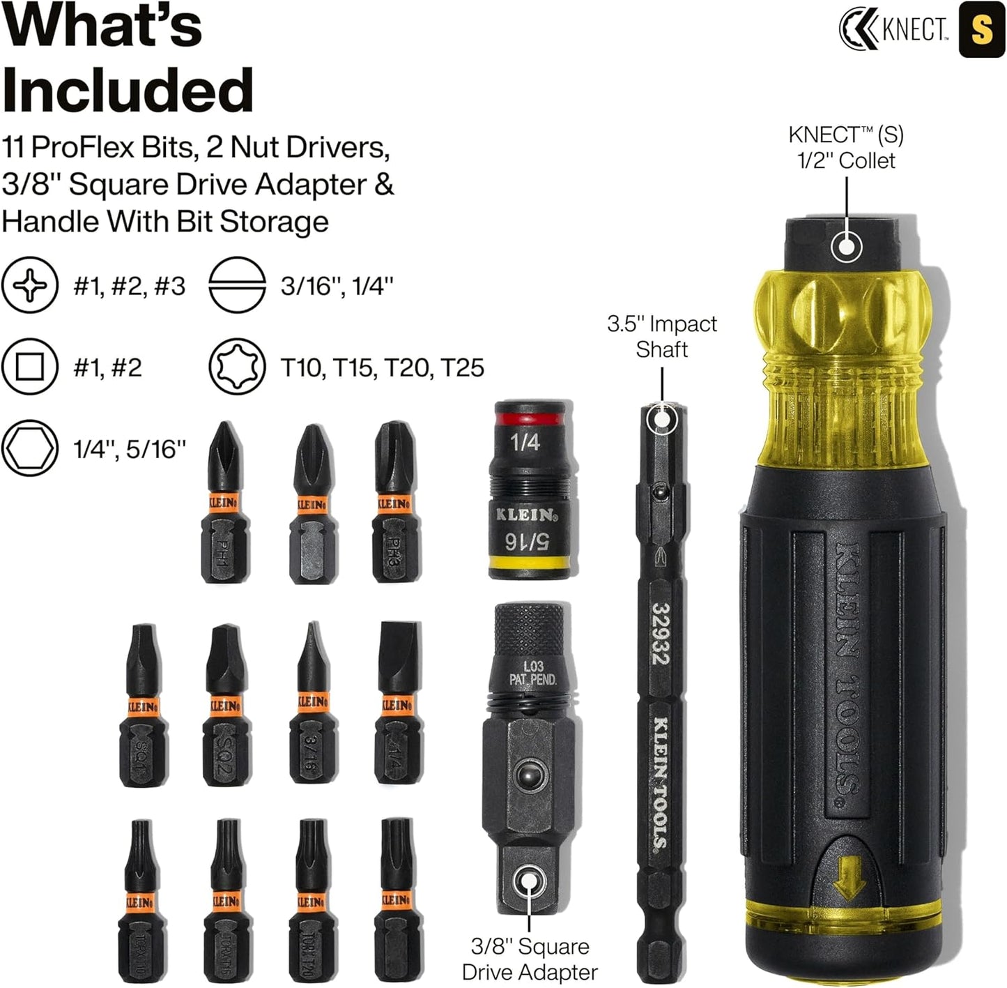 Klein Tools 32516HD KNECT 16-in-1 Impact-Rated Hybrid Screwdriver/Nut Driver, Magnetic, Flip Socket, 11 Bits, 2 Nut Drivers, 3/8-Inch Square Adapter