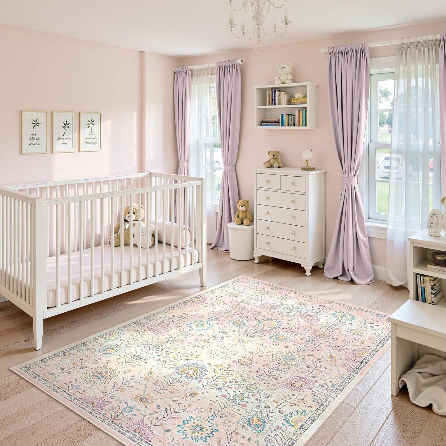 Lahome Flavie Pink Boho Area Rug for Nursery, 5x7 Washable Pink Rugs for Bedroom Girls Kids Room Living Room, Floral Pastel Carpet Non Slip for Teen Toddler Classroom Playroom Dorm, Bedroom Decor
