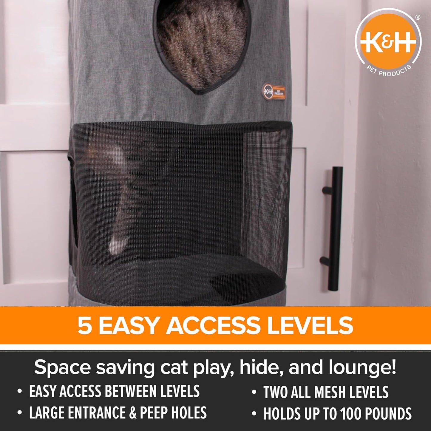 K&H Pet Products Hangin Cat Tree Condo 5 Level Door Mounted Cat Furniture, Space Saving, Mesh Levels, Peep Holes, Interconnecting Levels, Collapsible, Tool-Free Assembly - Gray - Fits Doors <80in H