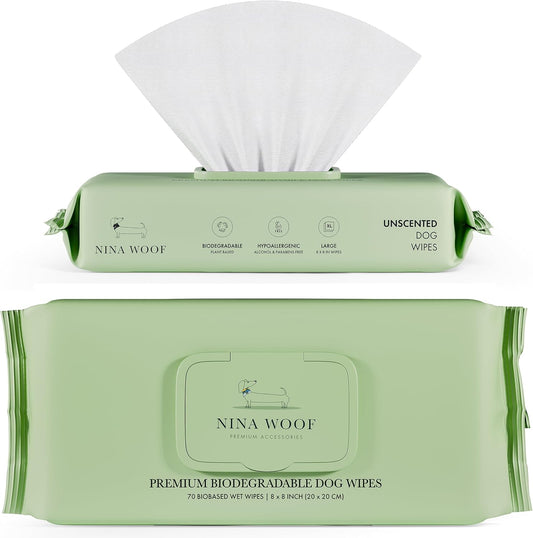 Nina Woof Dog Wipes – Fragrance-Free, Alcohol-Free, Hypoallergenic Pet Grooming Wipes with Aloe Vera, Biodegradable, for Dogs & Cats: Paws, Face, Ears & Butt – (70 Count)