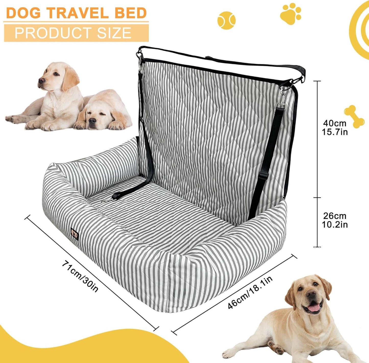 Dog Car Seat for Small/Medium Dogs, 2-in-1 Booster Seat & Pet Sofa Bed, Removable Washable Portable Car Travel Bed (Stripes-L-Grey)