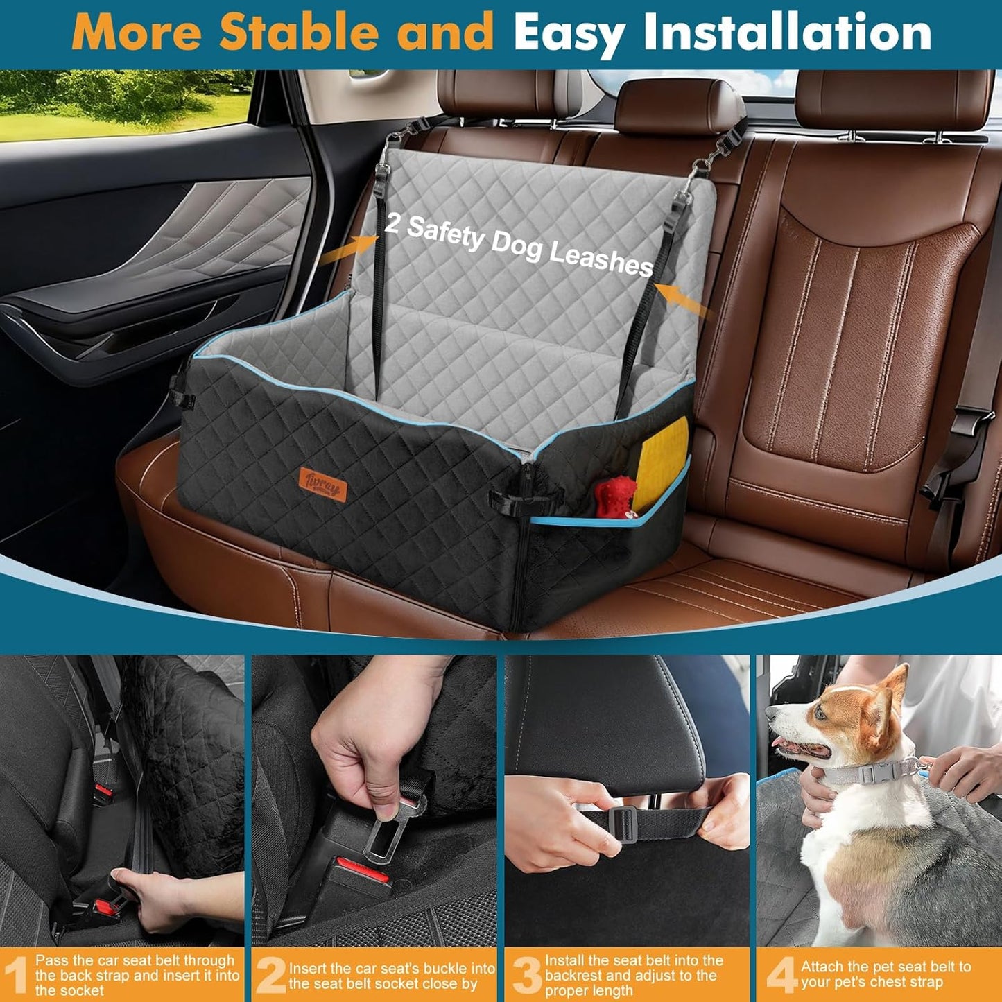 Large Dog Car Seat, Dog Car Bed for Large Dogs Under 60 lbs or 2 Small Breeds, Comfortable Pet Booster Seat with Memory Foam Thick Cushion, Detachable & Washable Pet Bed for Backseat, Black+Grey