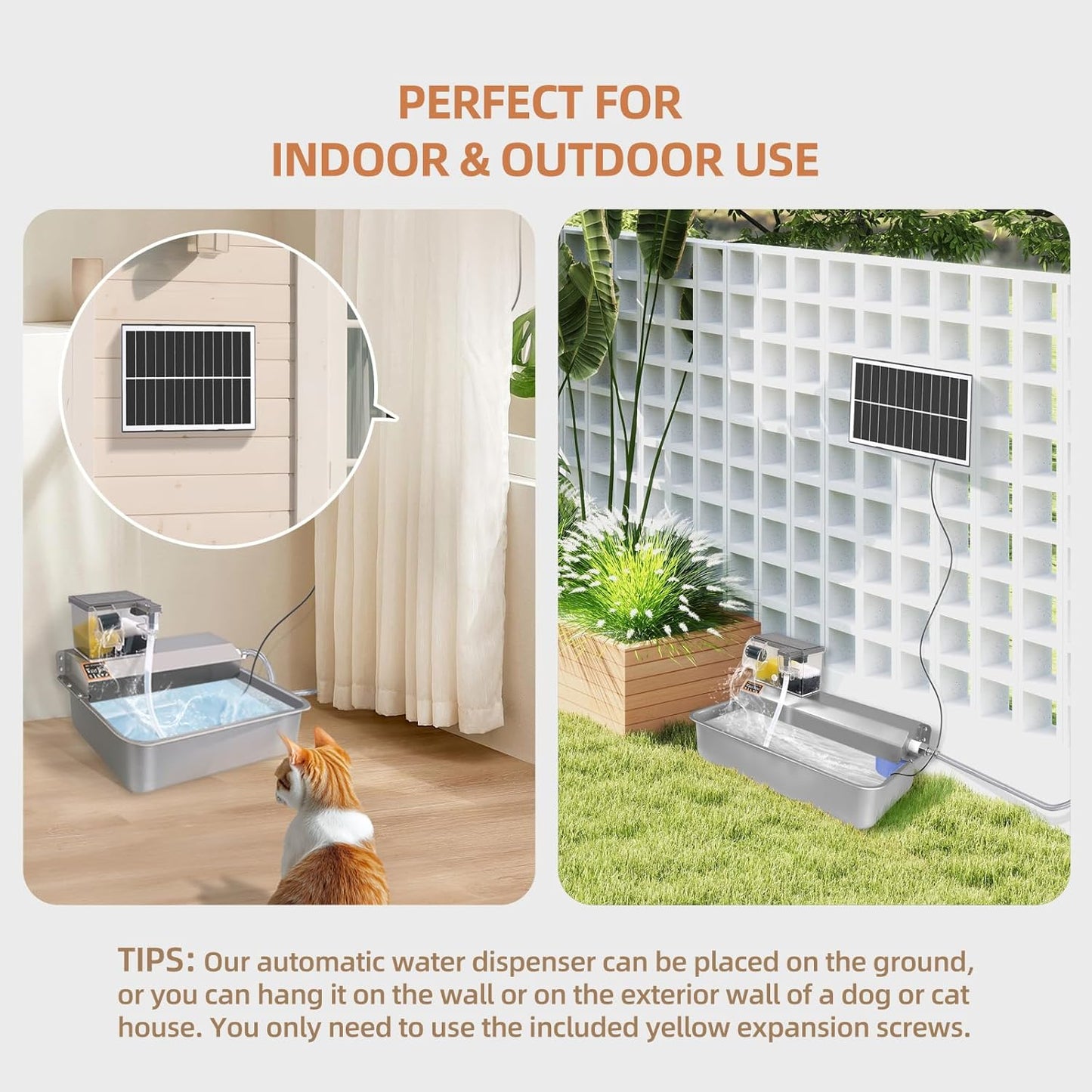 Automatic Water Dispenser for Dogs 2 Gallons, 304 Stainless Steel Solar Circulating Water Bowl for Pet Dog Cat and Livestock, 3/4" GHT Faucet Adapter - Indoor & Outdoor Use