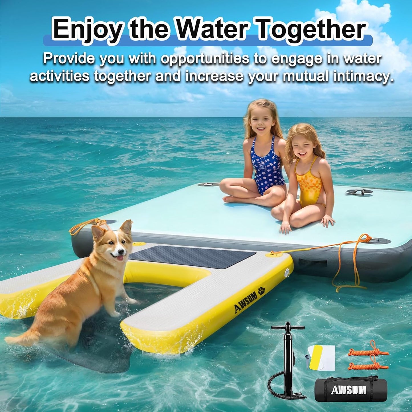 AWSUM Inflatable Dog Water Ramp 4ft x 3.3ft Dog Boat Ramp Floating for Dogs Up to 220LBS On Water Float Ladder Steps for Pool, Dock, Lakes, Yellow