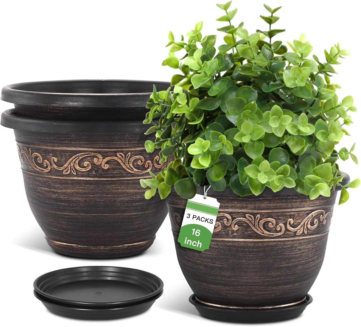 Plastic-Plant-Flower-Planters-16 Inch With Drainage Hole & Saucer, 3 Packs Lightweight Small Resin Flower Pot Indoor Outdoor, Retro Antique Imitation Decorative Garden Containers Sets For Houseplants