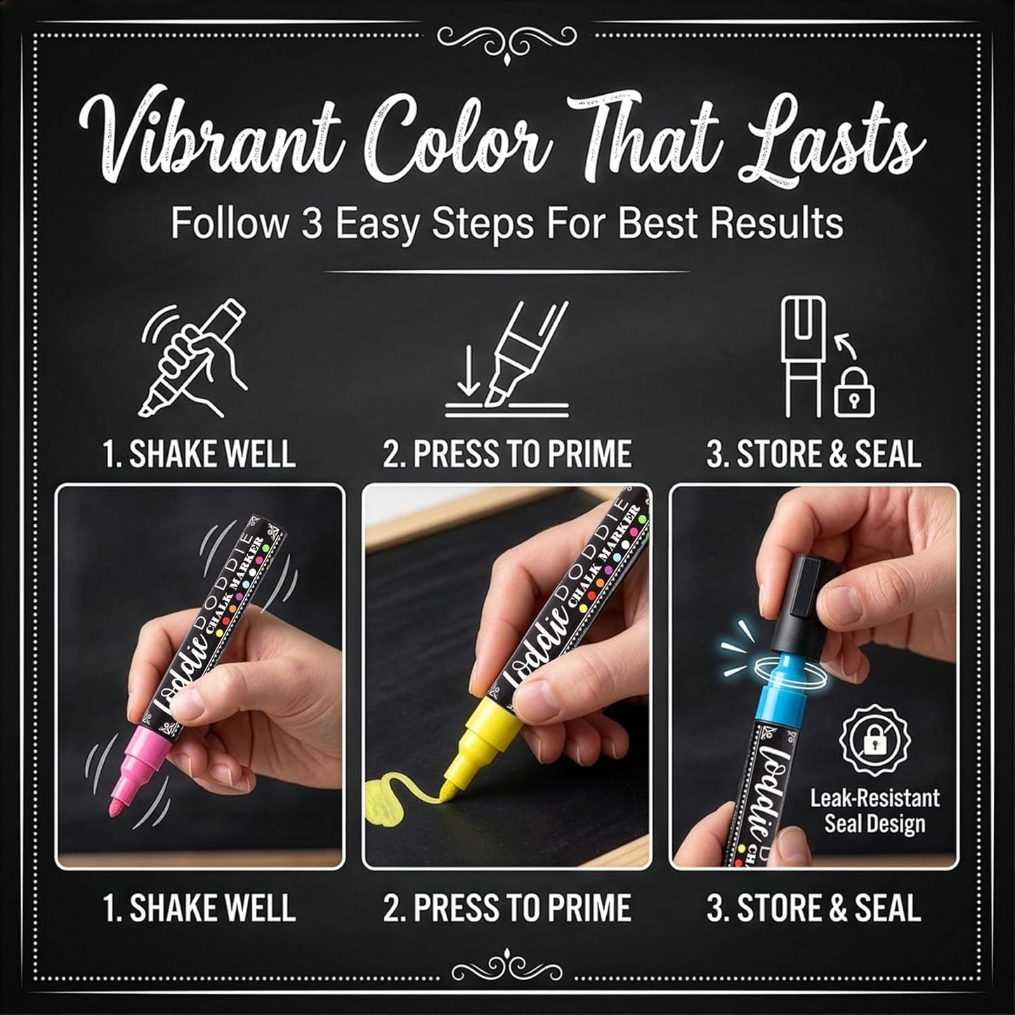 Loddie Doddie Chalk Markers - Pack of 24, 6mm Reversible Tips - Liquid Chalk Pens for Glass & Windows - Dry Erase Chalkboard Markers for Blackboard & Calendars - Non-Toxic Pens for Art & Decor