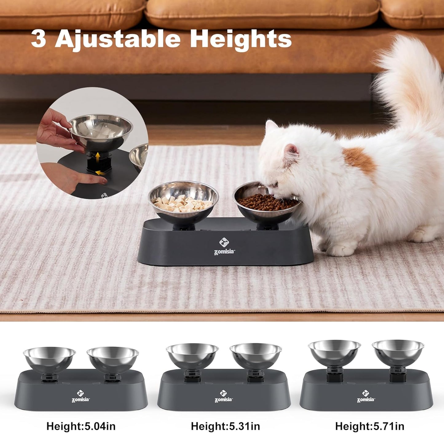 Raised Cat Food and Water Bowls with 3 Height for Indoor Cats, 15° Tilted in Both Ways Elevated Base Anti Vomiting Cat Dishes, Anti Spill for Puppies