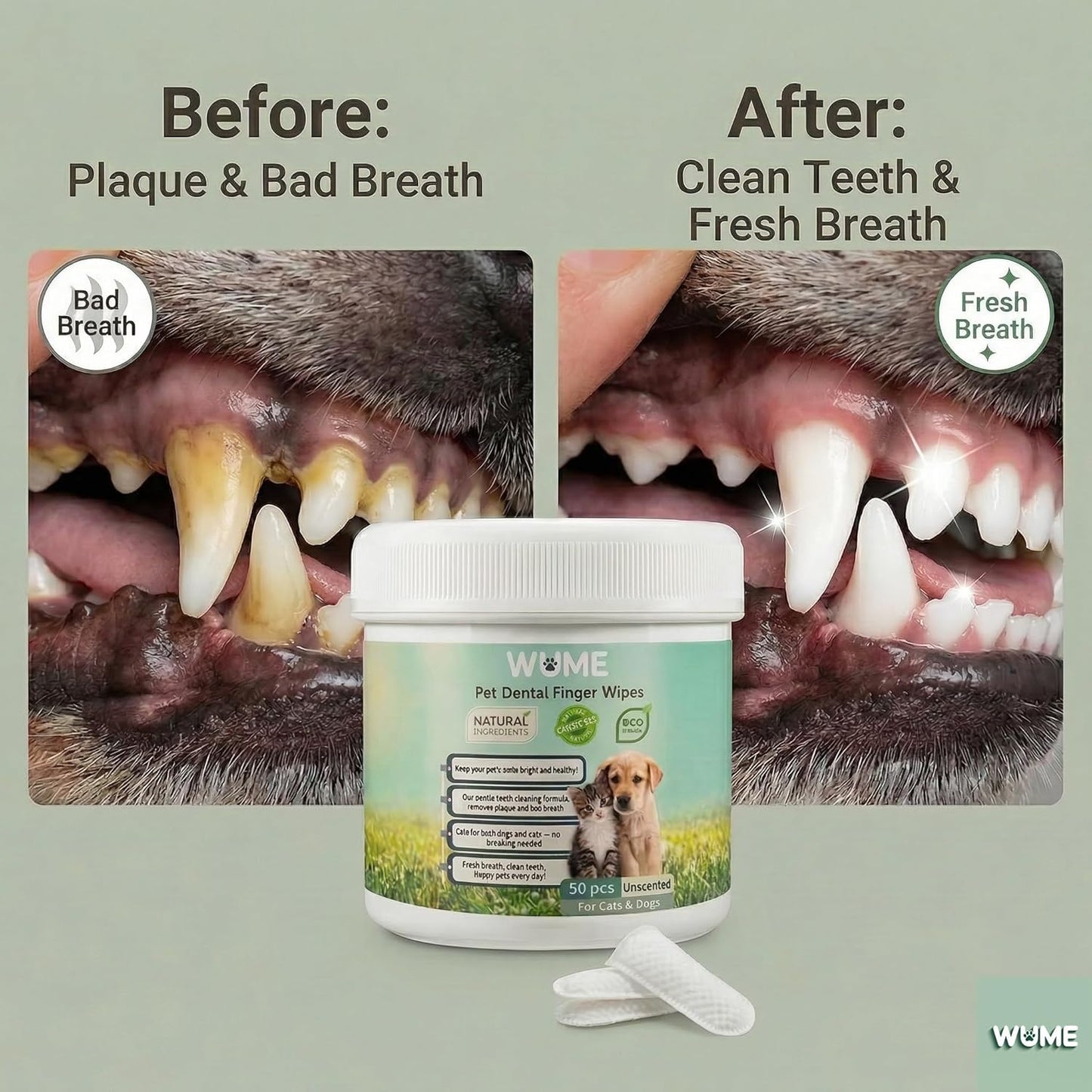 WUME Pet Dental Finger Wipes for Dogs & Cats Vet-Inspired Teeth Cleaning Wipes, Toothbrush Alternative, Gentle, Alcohol-Free, Disposable, 50 Counts