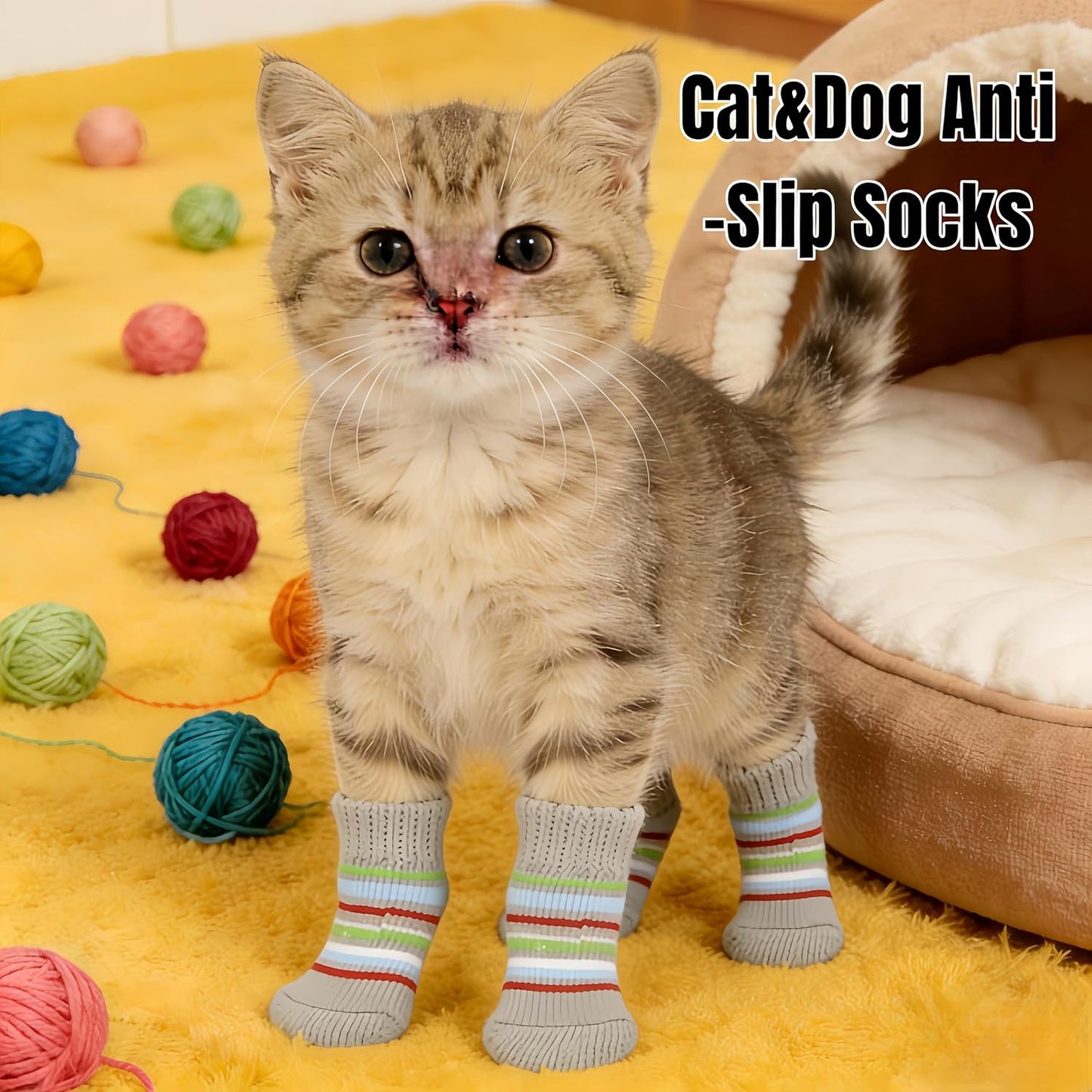 Comfortable Anti-Slip Pet Socks, Pet Foot Covers (4 Pcs) for Cats & Dogs, Breathable Cute Pet Paw Protectors for Indoor & Outdoor Use(Grey-Stripes, M)