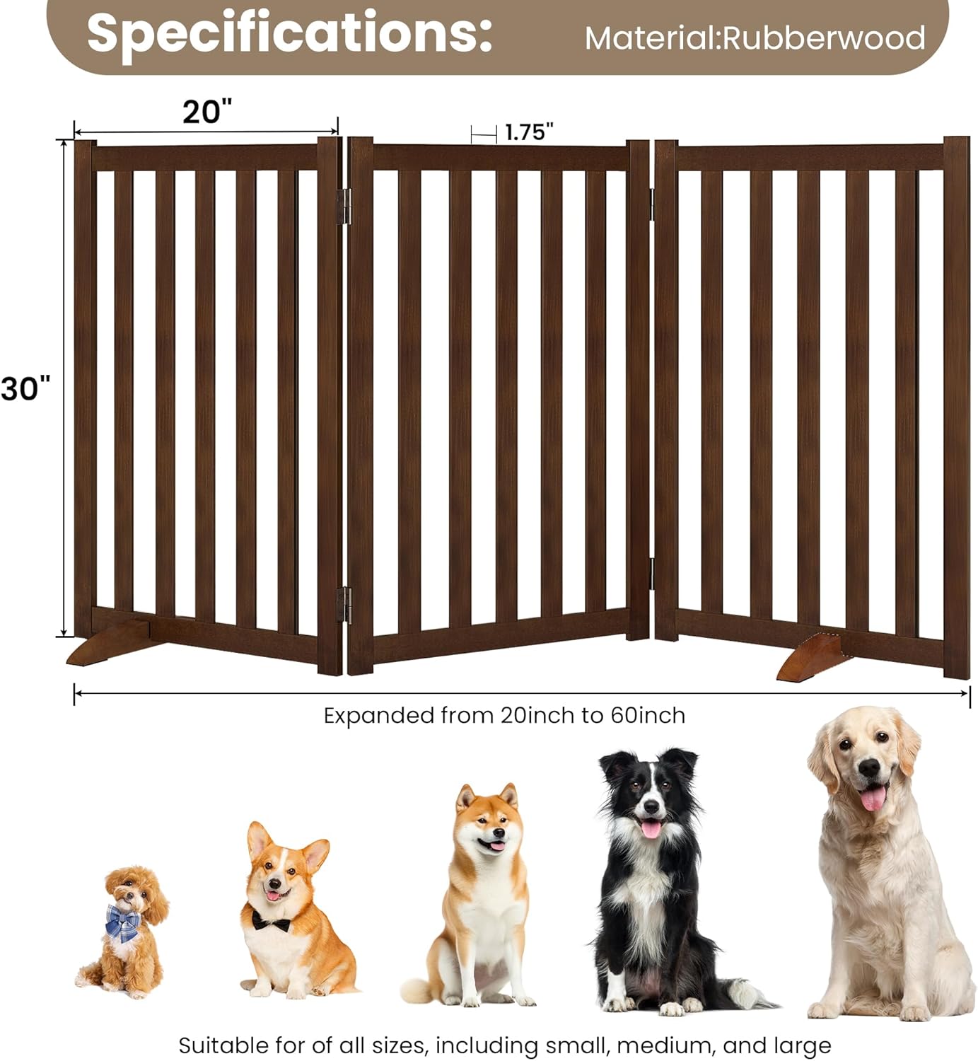 Wire Dog Gate Solid Wood Frame, Anti-Chewing, 3-Panel, 30" Height, 60" Width, Indoor Freestanding Pet Gate Foldable Wooden Dog Fences for Stairs, House, Doorway, Walnut