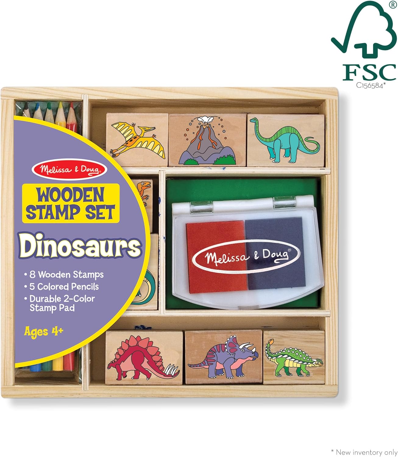 Melissa & Doug Wooden Stamp Set: Dinosaurs - 8 Stamps, 5 Colored Pencils, 2-Color Stamp Pad - FSC Certified