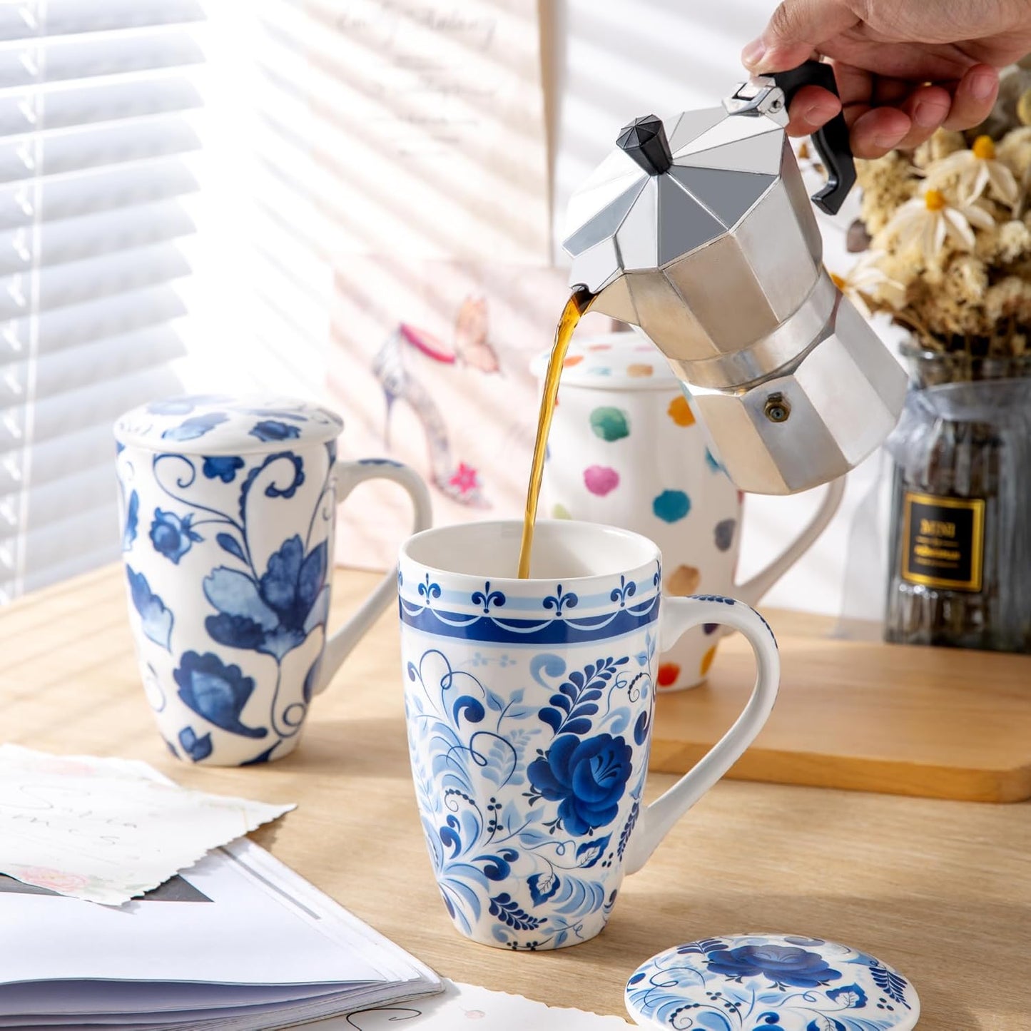 GBhome Tea Mug with Infuser and Lid, 18 Ounce Large Ceramic Loose Leaf Tea Cup, Microwave, Dishwasher Safe Tea Steeping Mug, Pefect Gift For Tea Lover.