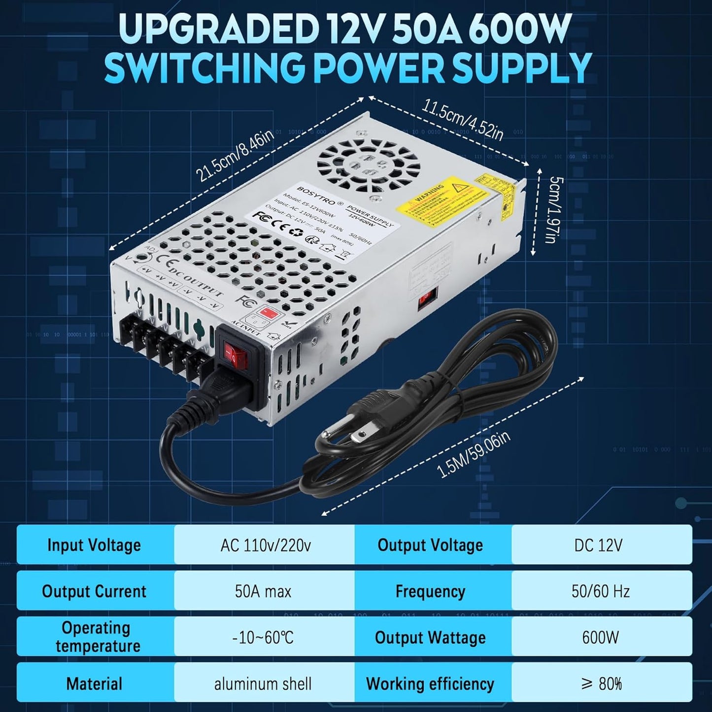 12V DC Power Supply 600W 50A AC to DC Converter Switching Power Supply for Led Strip, Motor Pump, CCTV, 3D Printer, Electronic Instruments, Lab Computer